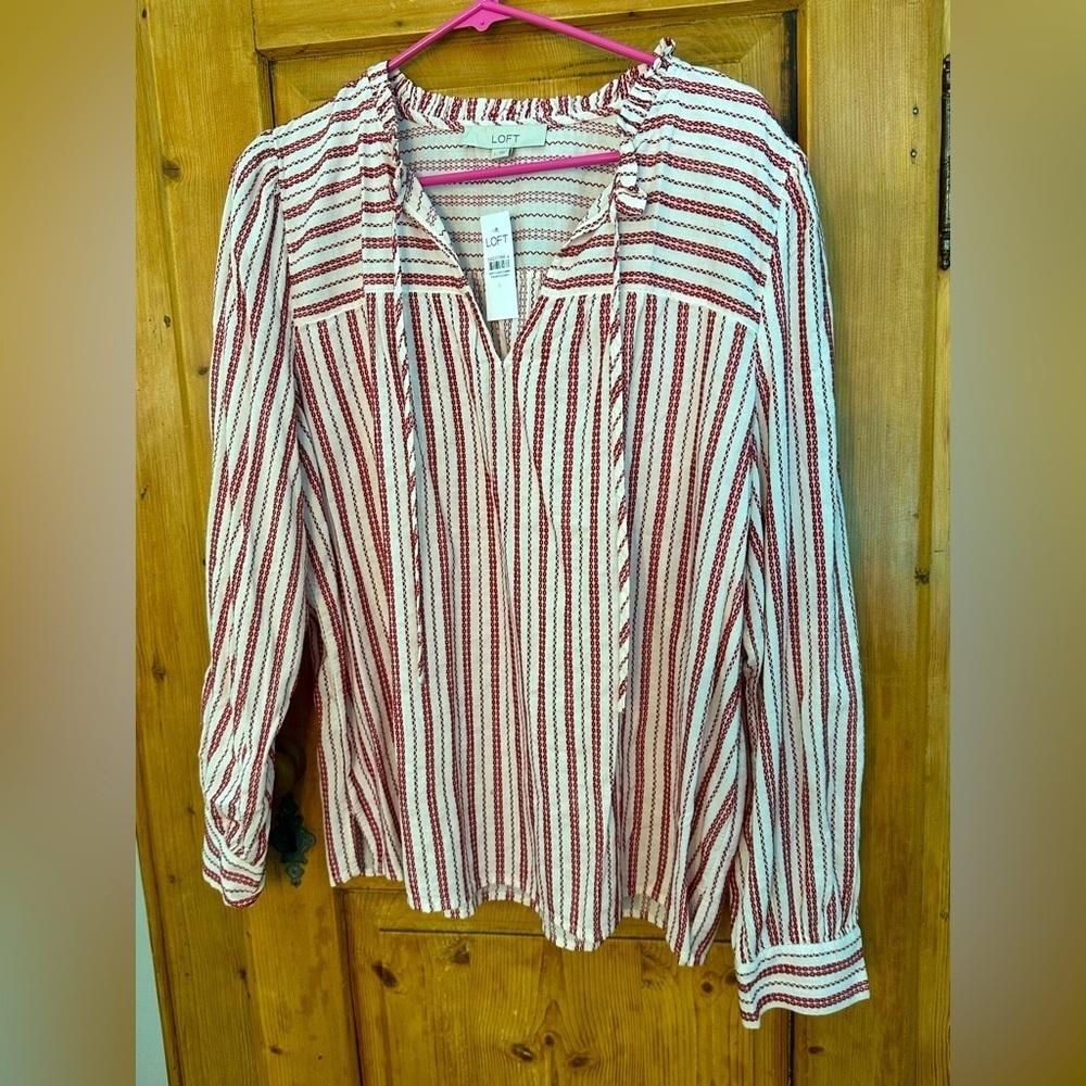Loft NWT Red & White Striped Blouse Size Large Long Sleeve